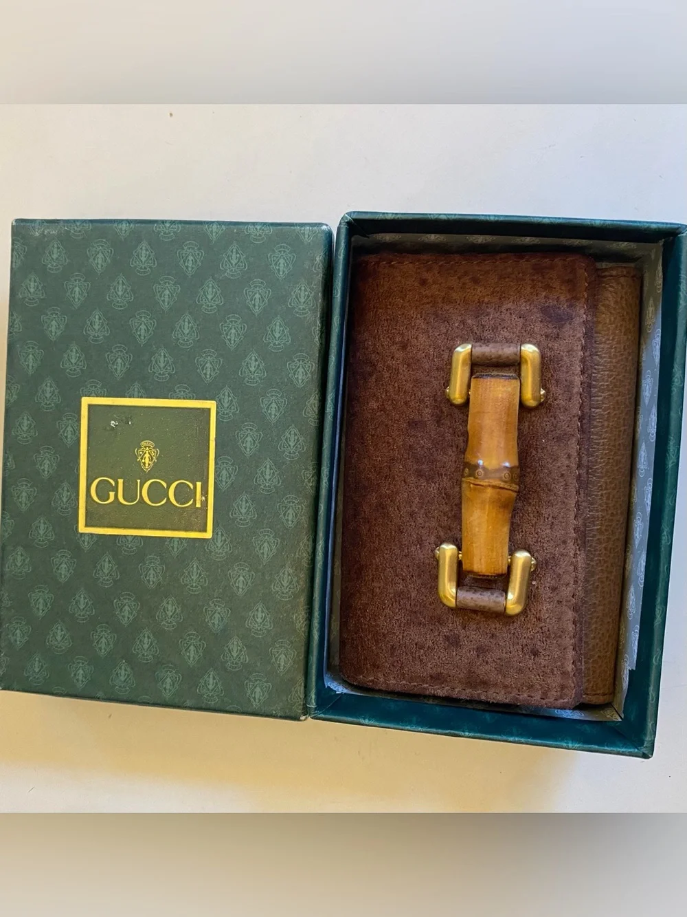 Gucci Brown Pebbled Leather Key / Card Case with Gold-Tone / Bamboo Hardware